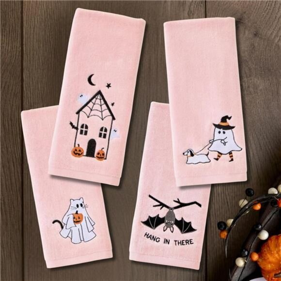 Cotton hand towel set 2 piece Halloween ghost cat decorative kitchen bath gift p - Picture 6 of 7
